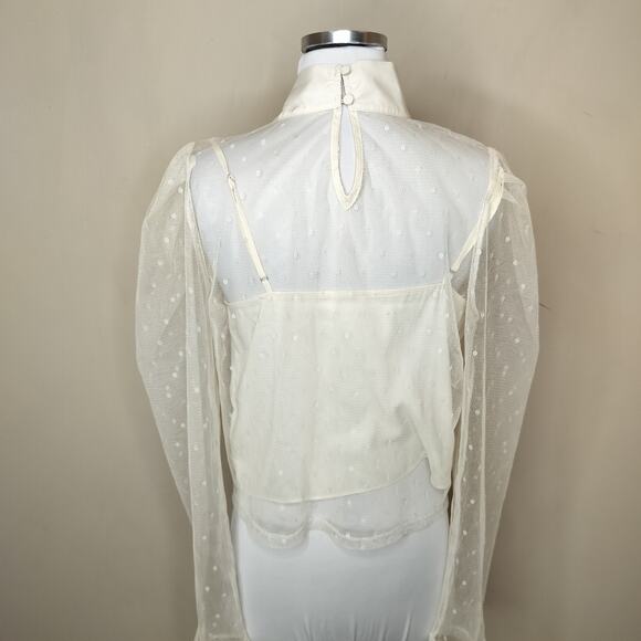 Express Tie Neck Blouse Polka Dot Sheer Mesh Ivory Off White - Picture 9 of 11